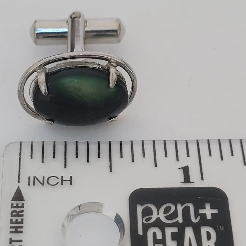 Abalone Shell Cufflinks Silver Tone Green Oval Cabochon Cufflinks Vintage‎ Retro